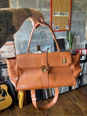 Tan Leather Structured Satchel with Top Handle and Strap